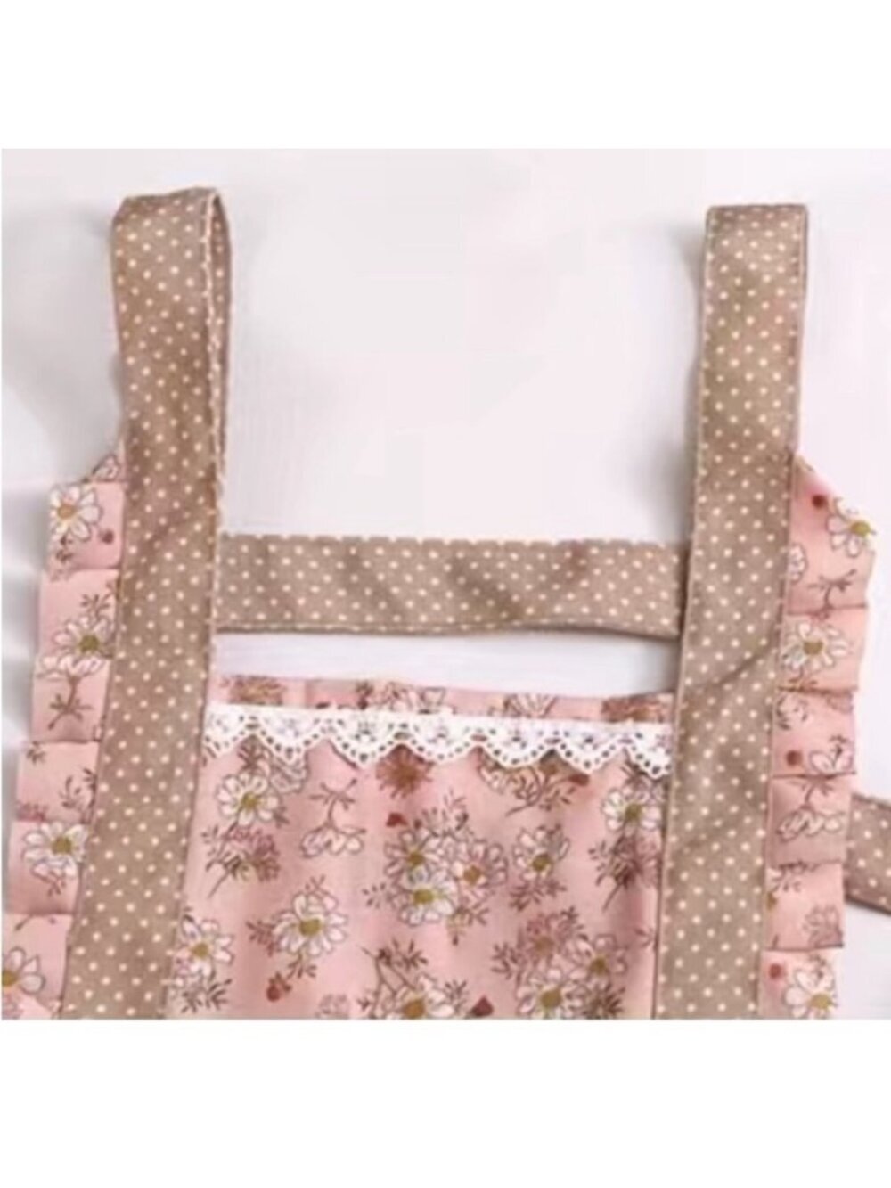 Apron Retro Bib Style Adjustable Waist Tie Floral Polka Dot Womens Pink Tan OS - Picture 5 of 16